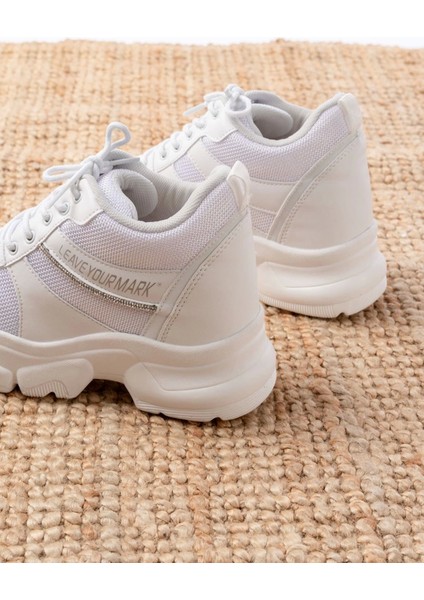 F-209 Beyaz Bağcıklı Fileli Taş Aksesuarlı Günlük Spor Ayakkabı indirimleri