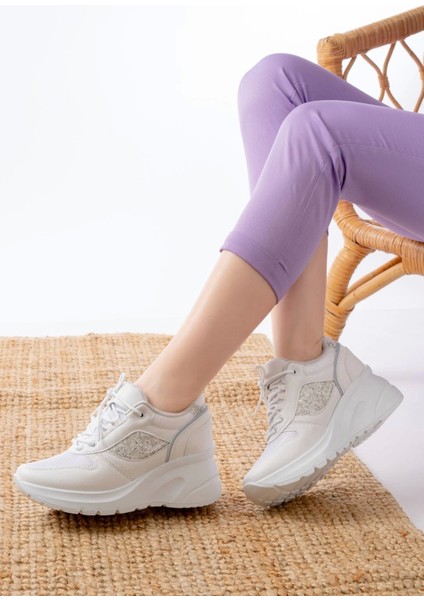 F-185 Beyaz Günlük Bağcıklı Taş Aksesuarlı Yazlık Spor Ayakkabı