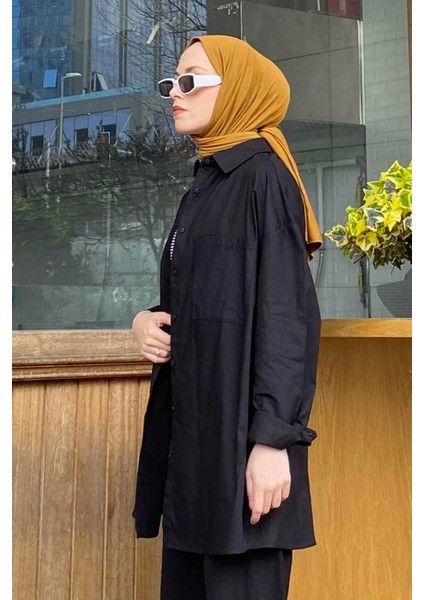 Tek Cep Detaylı Oversize Gömlek Siyah