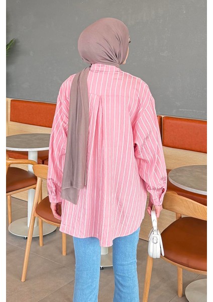 Lamis Tek Cepli Çizgili Gömlek Pembe