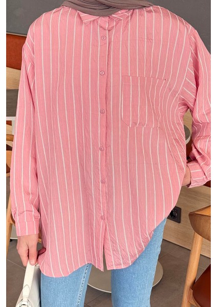 Lamis Tek Cepli Çizgili Gömlek Pembe