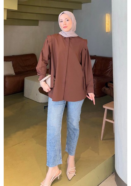 Omuz Vatka Detaylı Tesettür Gömlek Acı Kahverengi