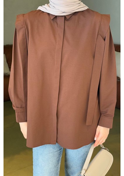 Omuz Vatka Detaylı Tesettür Gömlek Acı Kahverengi modelleri