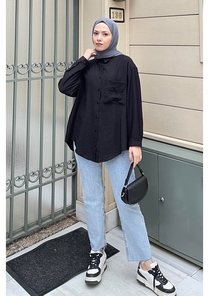 Tek Cep Oversize Gömlek Siyah