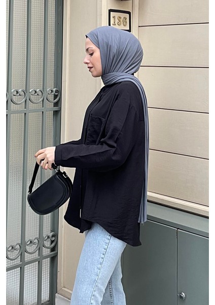 Tek Cep Oversize Gömlek Siyah