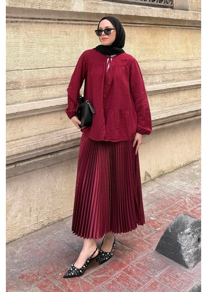 V Yaka Kolları Lastikli Müslim Tesettür Gömlek Bordo
