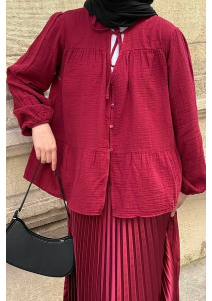 V Yaka Kolları Lastikli Müslim Tesettür Gömlek Bordo modelleri