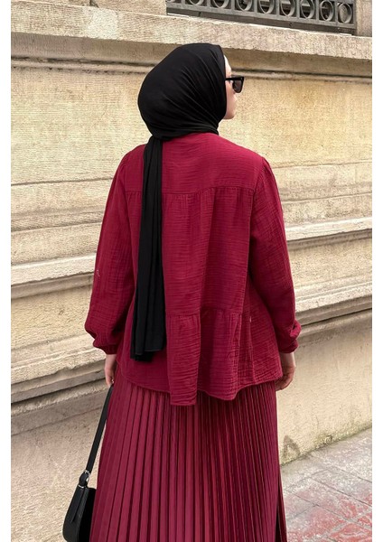 V Yaka Kolları Lastikli Müslim Tesettür Gömlek Bordo fırsatları