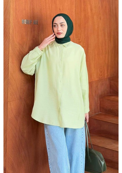 Ağaç Kabuğu Dokulu Pamuklu Tesettür Gömlek Mint Yeşili modelleri
