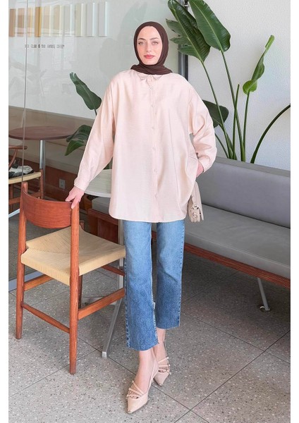 Ağaç Kabuğu Dokulu Pamuklu Tesettür Gömlek Taş