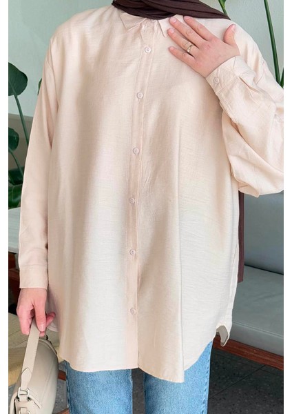 Ağaç Kabuğu Dokulu Pamuklu Tesettür Gömlek Taş fırsatları