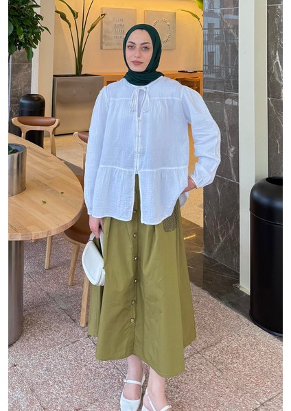 V Yaka Kolları Lastikli Müslim Tesettür Gömlek Beyaz