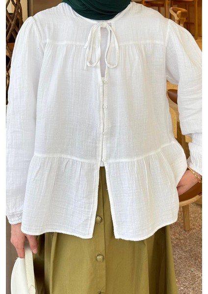 V Yaka Kolları Lastikli Müslim Tesettür Gömlek Beyaz modelleri