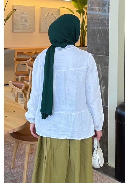 V Yaka Kolları Lastikli Müslim Tesettür Gömlek Beyaz fırsatları
