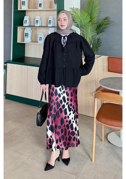 V Yaka Kolları Lastikli Müslim Tesettür Gömlek Siyah