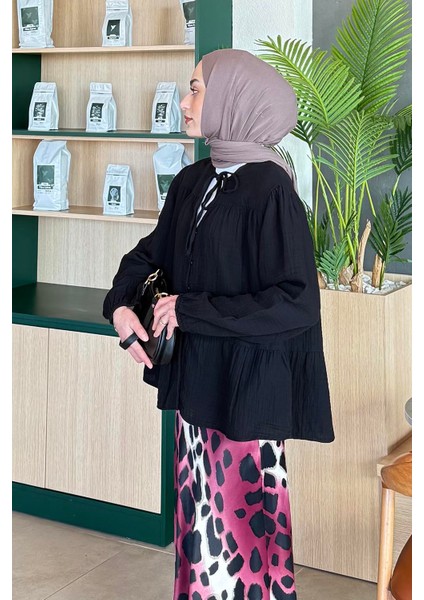 V Yaka Kolları Lastikli Müslim Tesettür Gömlek Siyah fiyatları