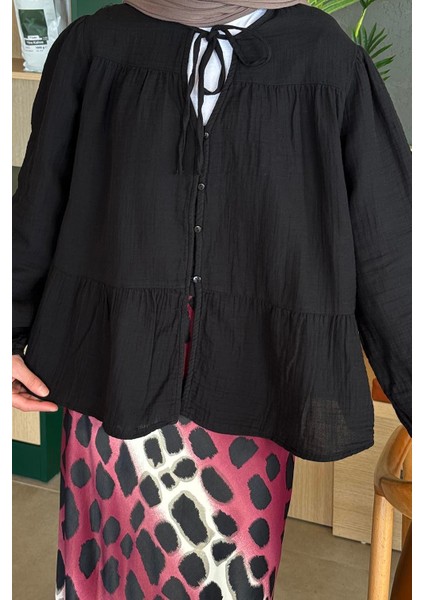 V Yaka Kolları Lastikli Müslim Tesettür Gömlek Siyah modelleri