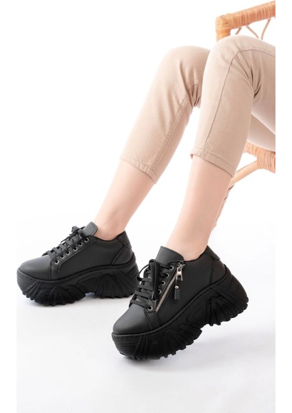 SP-156 Siyah Bağcıklı Fermuarlı Yüksek Taban Günlük Spor Ayakkabı