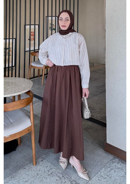 Carla Çizgili Tesettür Gömlek Krem