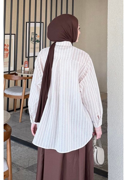 Carla Çizgili Tesettür Gömlek Krem