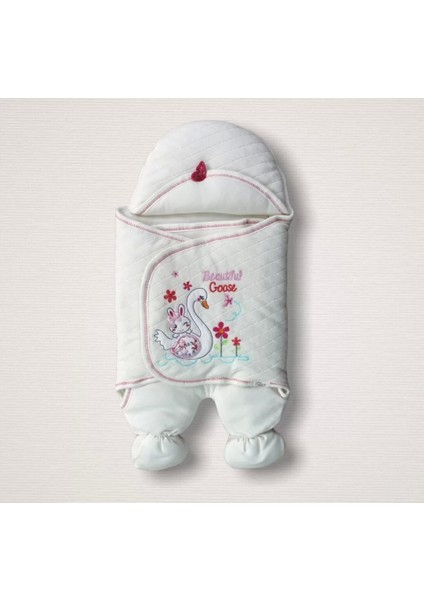 03 Yenidoğan Çiçekli Ördek Nakışlı Şapkalı Kız Bebek Ayaklı Kundak Bebek Battaniyesi Ekru