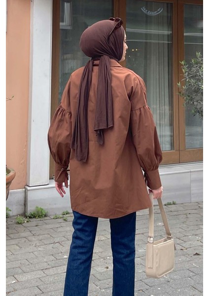 Kol Bağlama Detaylı Oversize Gömlek Acı Kahverengi