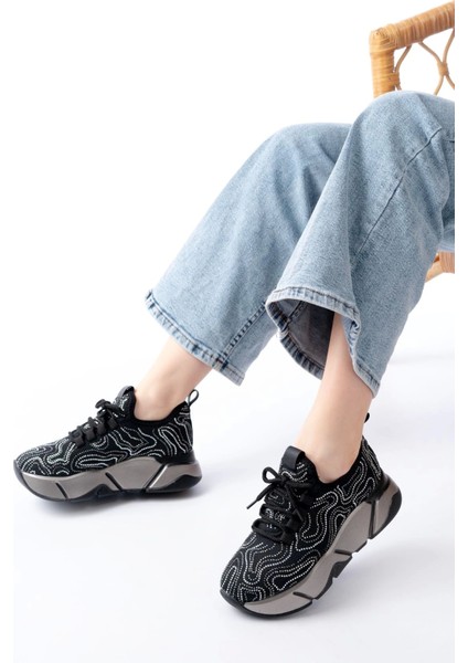 RS-402 Siyah Bağcıklı Fileli Taşlı Platin Taban Günlük Kadın Spor