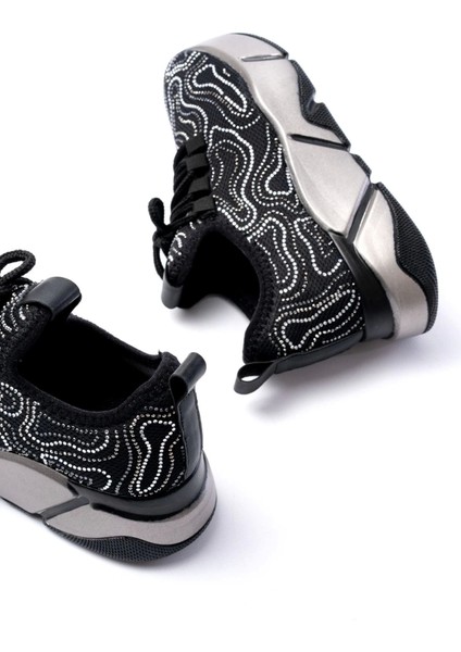 RS-402 Siyah Bağcıklı Fileli Taşlı Platin Taban Günlük Kadın Spor modelleri