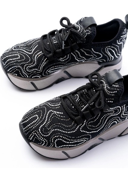 RS-402 Siyah Bağcıklı Fileli Taşlı Platin Taban Günlük Kadın Spor indirimleri