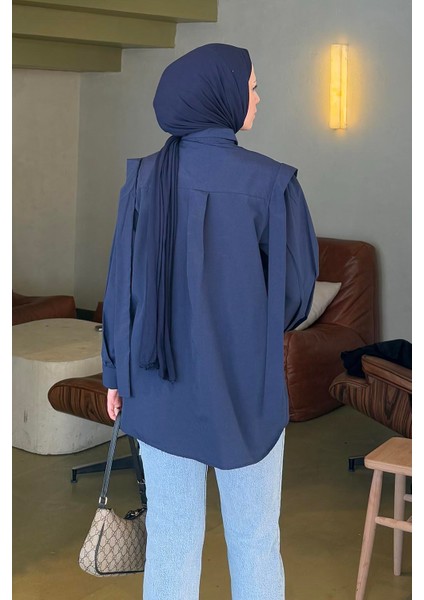 Omuz Vatka Detaylı Tesettür Gömlek Lacivert fırsatları
