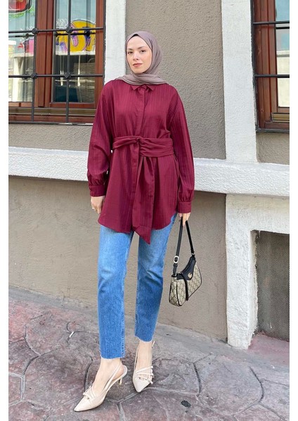 Belden Bağlamalı Tunik Gömlek Bordo