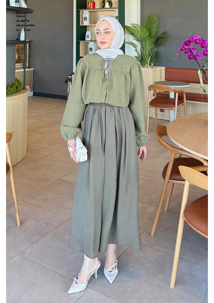 V Yaka Kolları Lastikli Müslim Tesettür Gömlek Haki