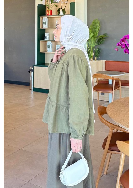 V Yaka Kolları Lastikli Müslim Tesettür Gömlek Haki fiyatları