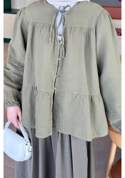 V Yaka Kolları Lastikli Müslim Tesettür Gömlek Haki modelleri