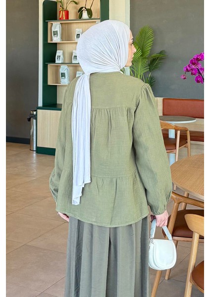 V Yaka Kolları Lastikli Müslim Tesettür Gömlek Haki fırsatları