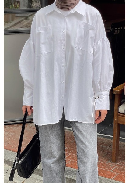 Kol Bağlama Detaylı Oversize Gömlek Beyaz fırsatları
