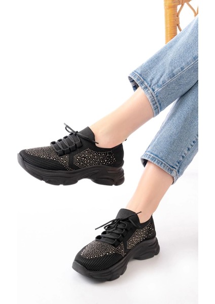 3002 Siyah Bağcıklı Fileli Taş Aksesuarlı Günlük Spor Ayakkabı fiyatları