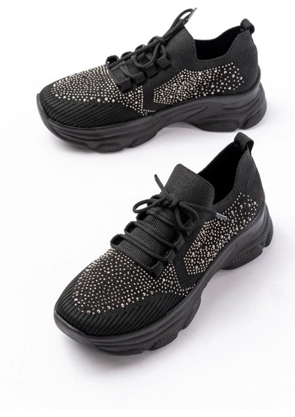 3002 Siyah Bağcıklı Fileli Taş Aksesuarlı Günlük Spor Ayakkabı fırsatları