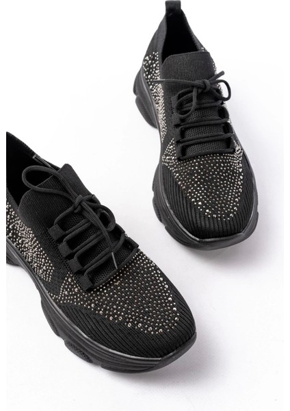 3002 Siyah Bağcıklı Fileli Taş Aksesuarlı Günlük Spor Ayakkabı indirimleri
