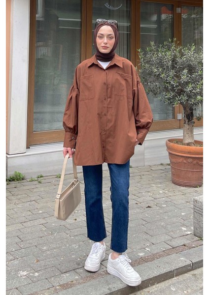Kol Bağlama Detaylı Oversize Gömlek Acı Kahverengi