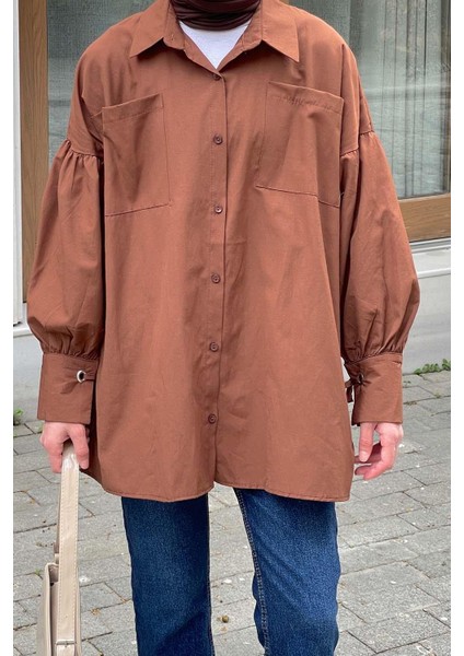Kol Bağlama Detaylı Oversize Gömlek Acı Kahverengi modelleri