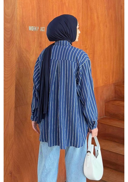 Lamis Tek Cepli Çizgili Gömlek Indigo