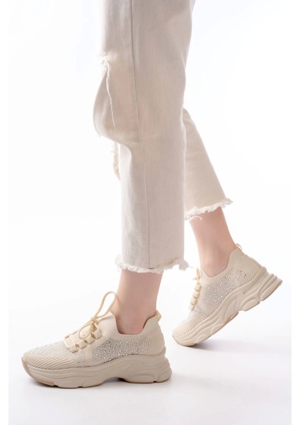 3002 Bej Bağcıklı Fileli Taş Aksesuarlı Günlük Spor Ayakkabı