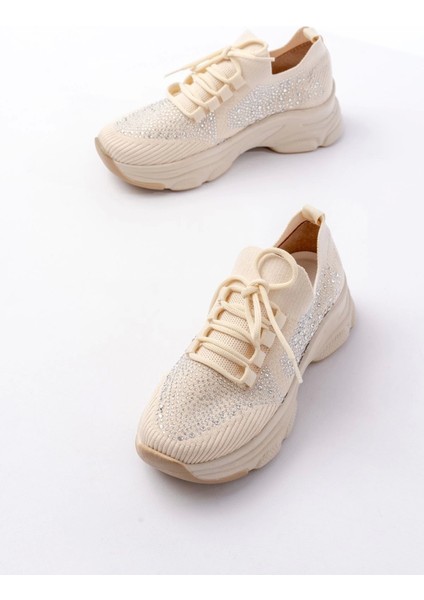 3002 Bej Bağcıklı Fileli Taş Aksesuarlı Günlük Spor Ayakkabı modelleri