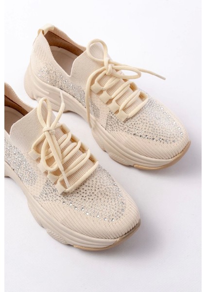 3002 Bej Bağcıklı Fileli Taş Aksesuarlı Günlük Spor Ayakkabı fırsatları