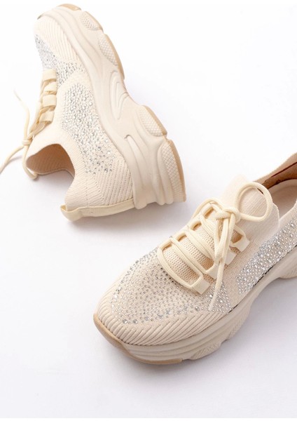 3002 Bej Bağcıklı Fileli Taş Aksesuarlı Günlük Spor Ayakkabı indirimleri