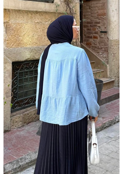 V Yaka Kolları Lastikli Müslim Tesettür Gömlek Bebe Mavisi