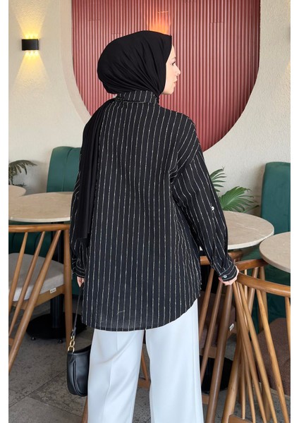 Keten Çizgili Gömlek Siyah fırsatları