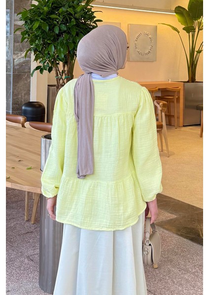 V Yaka Kolları Lastikli Müslim Tesettür Gömlek Soft Sarı fırsatları