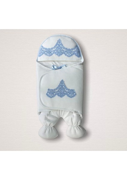 03 Yenidoğan Fistolu Fiyonk Kurdelalı Şapkalı Lüks Kız Erkek Bebek Ayaklı Kundak Bebek Battaniyesi Mavi